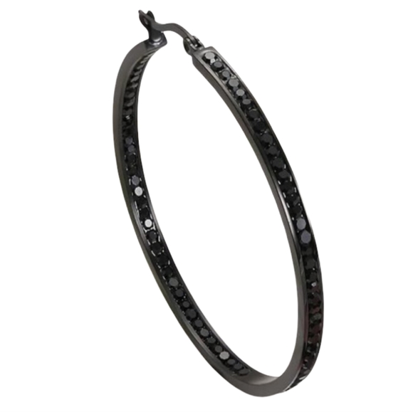 Black Metal Rhinestone Hoop Earrings Sparkle Crystal Big Channel Hoops Dark Glam - Picture 9 of 12